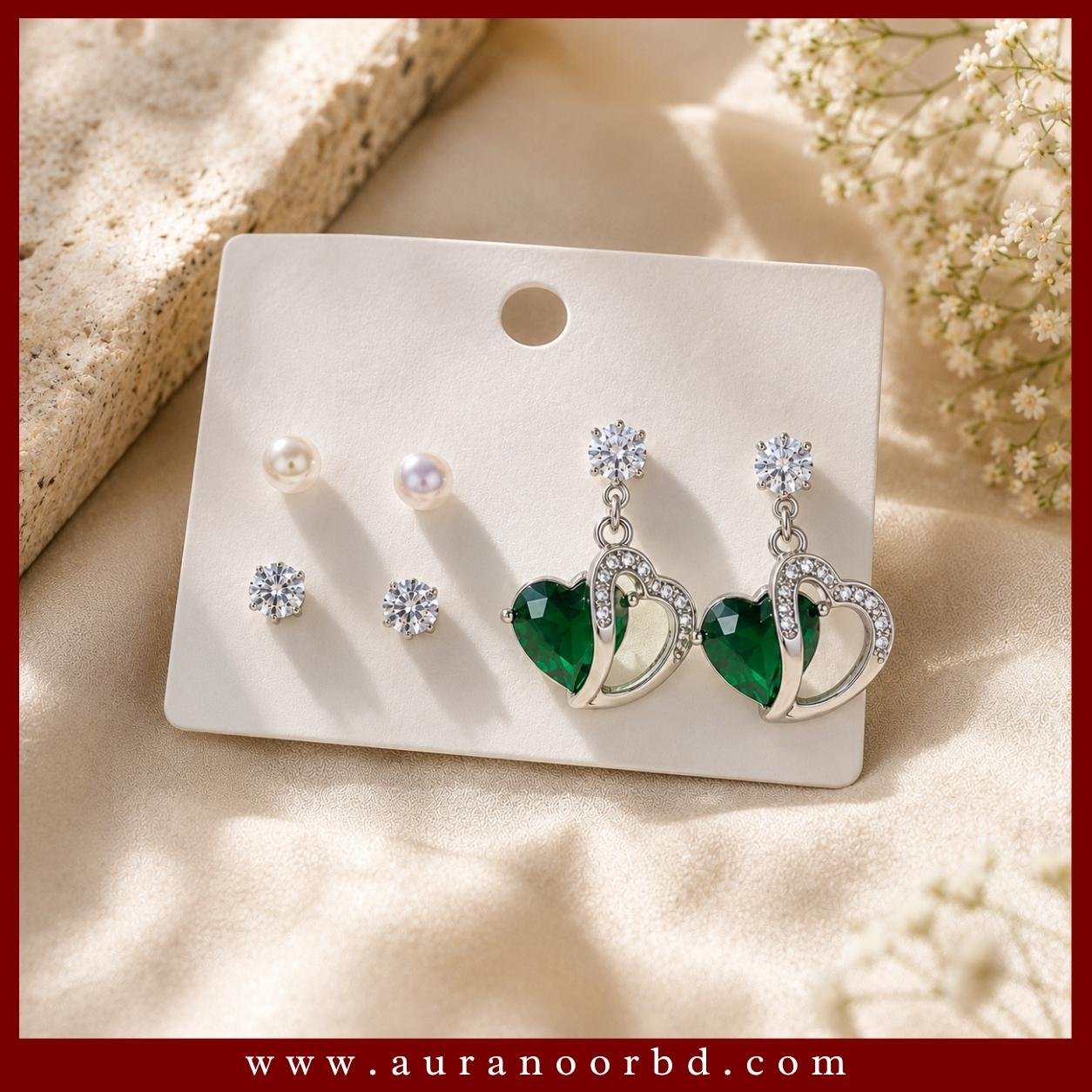 3-Pair Green Heart Earrings Set— Auranoor