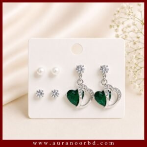 3-Pair Green Heart Earrings Set— Auranoor