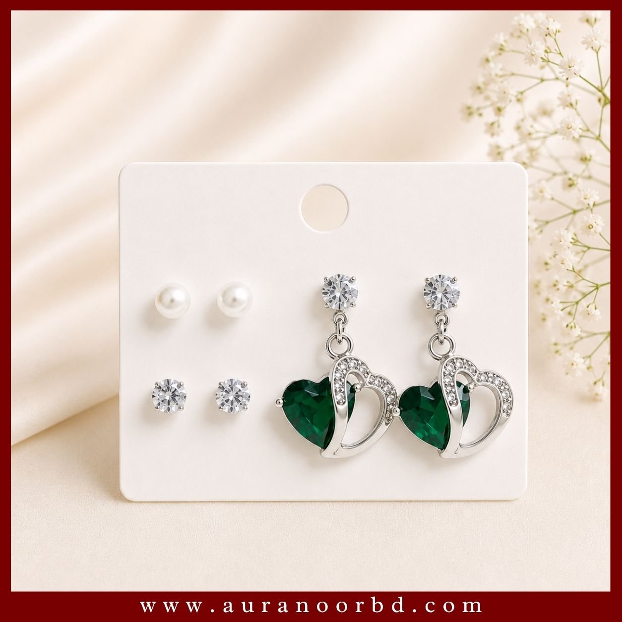 3-Pair Green Heart Earrings Set— Auranoor