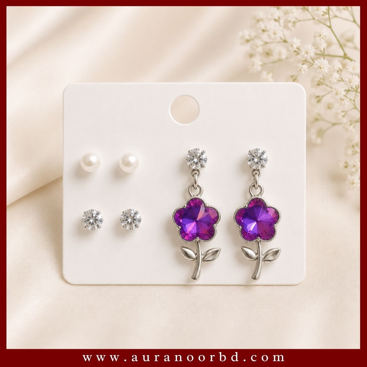 3-Pair Purple Flower Earrings Set— Auranoor