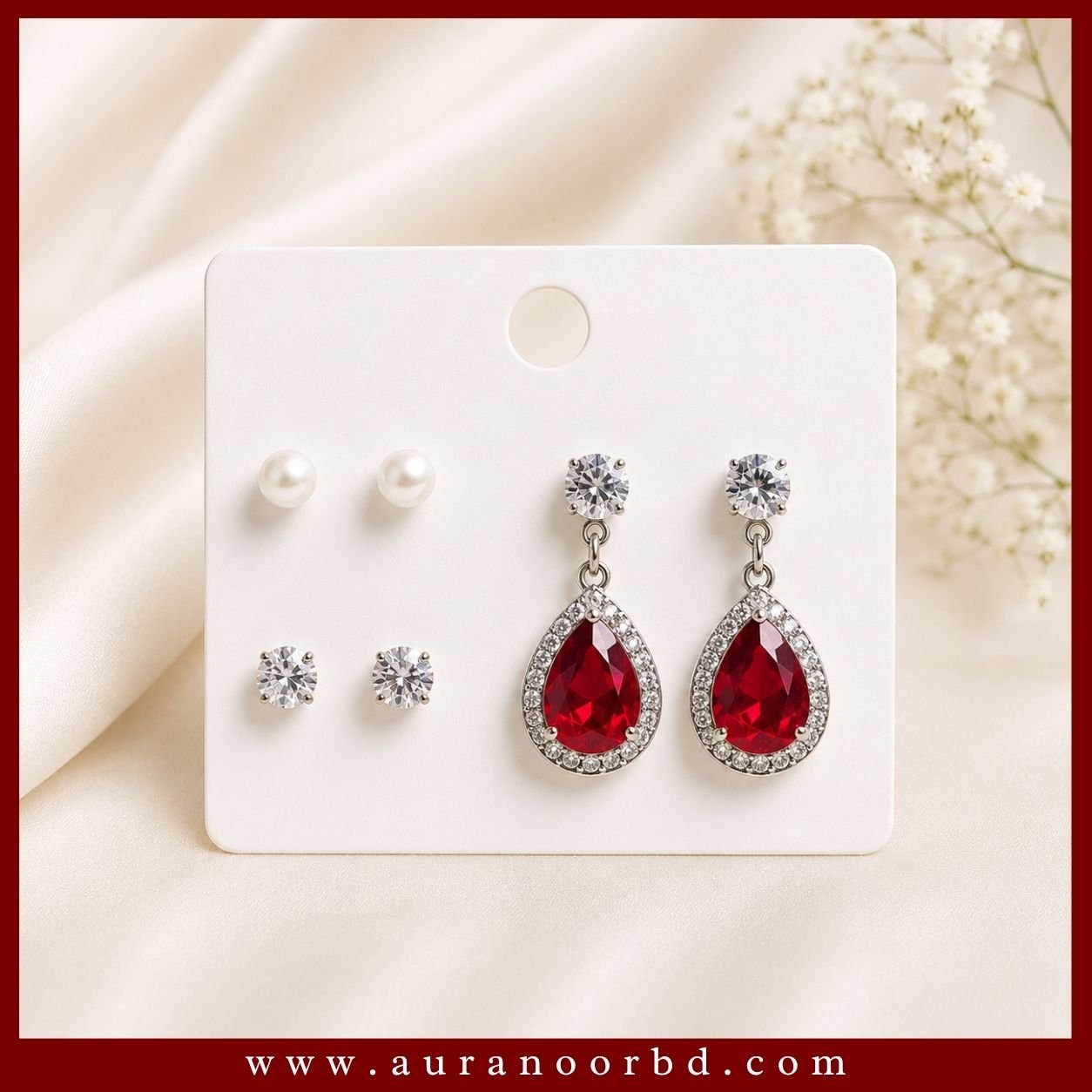 3-Pair Red Teardrop Earrings Set— Auranoor