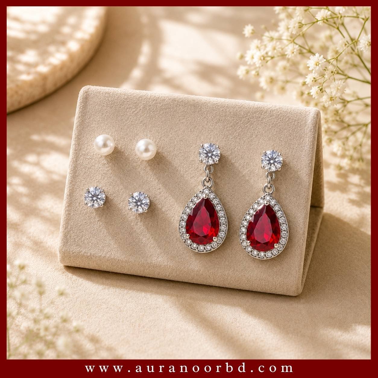 3-Pair Red Teardrop Earrings Set— Auranoor