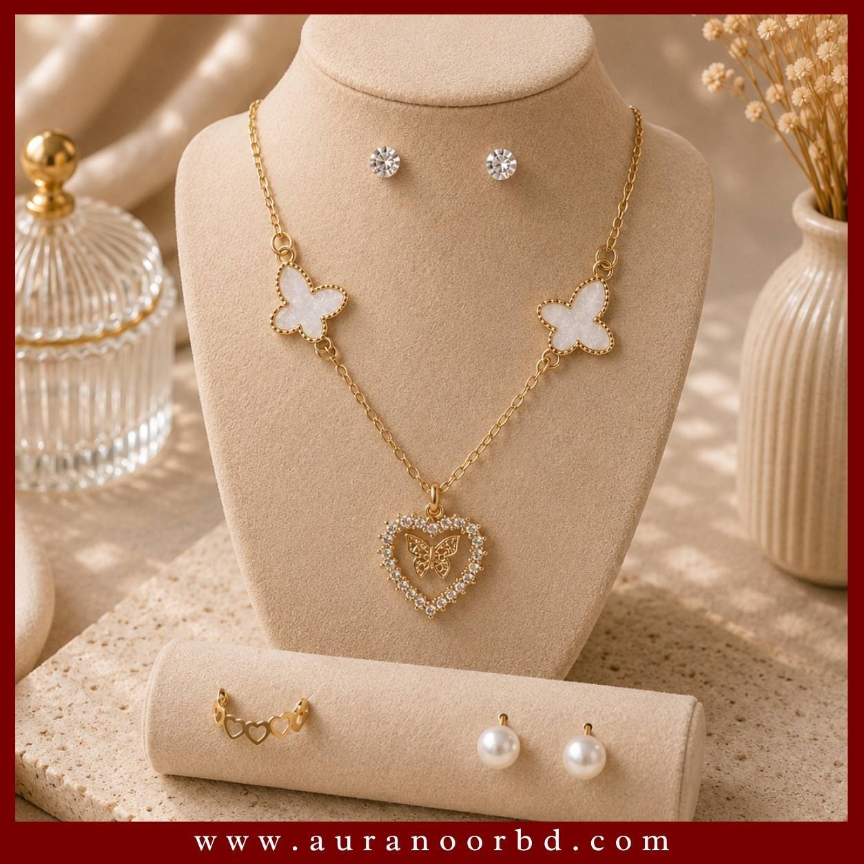 Butterfly Heart Necklace & Earrings Set— Auranoor