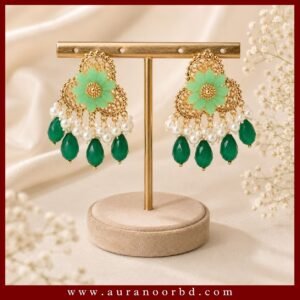 Green Floral Pearl Drop Earrings—Auranoor